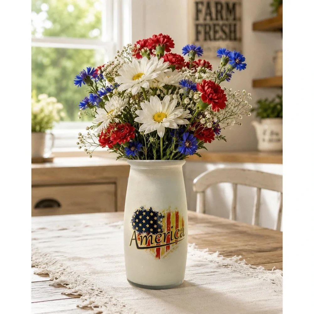 USA Patriotic America Flag Frosted Glass Can Shaped Tumbler 4th July Decor Party